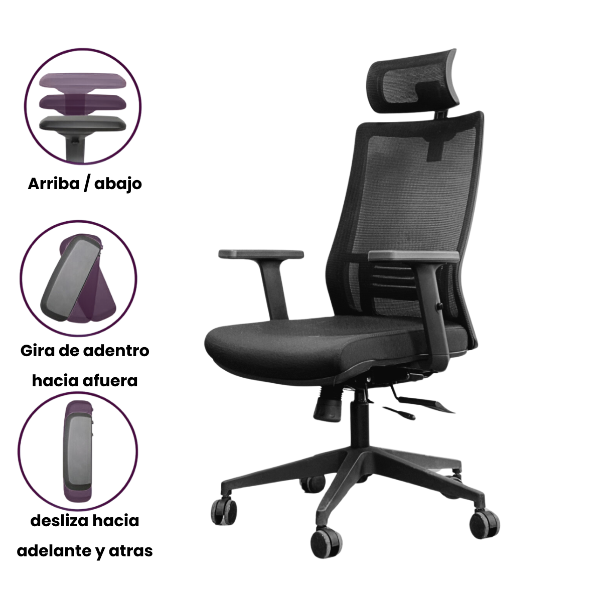 Silla Tylor CA027 Ergonómica - Con Cabecera - Brazos 1D o 3D - Apoyo Lumbar, Respaldo y Altura Regulable - Base Nylon