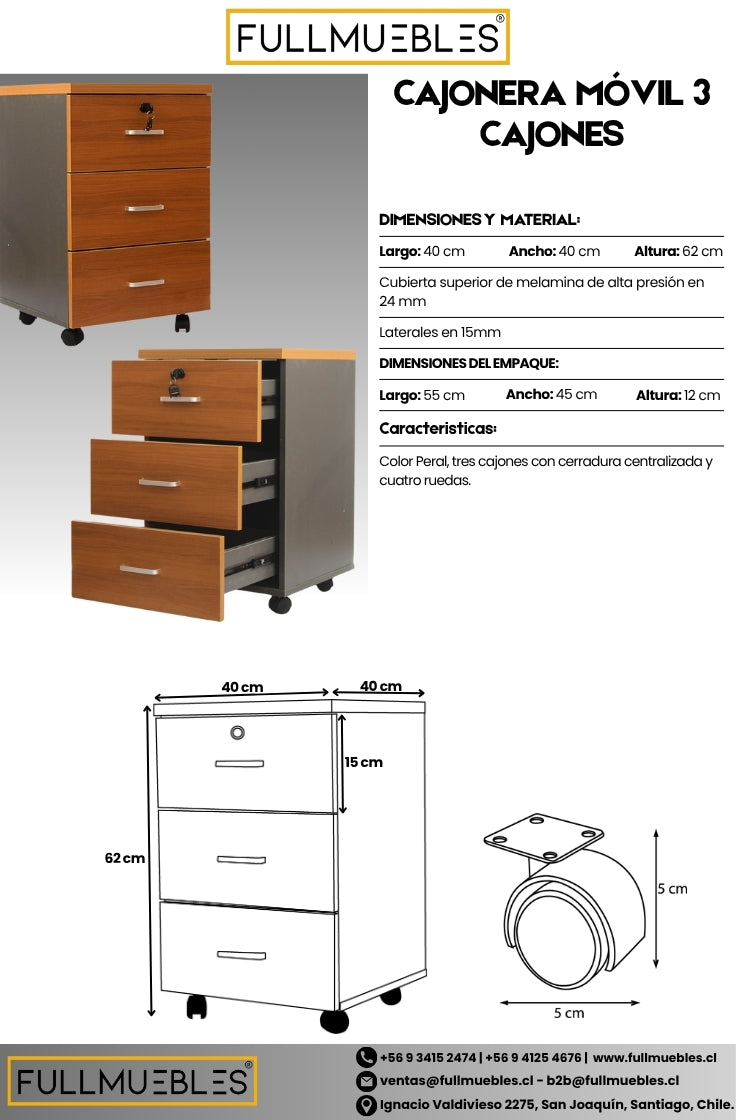 Cajonera Móvil de 3 Cajones Peral 63x40x40 -Importado- Cubierta superior Melamina 24mm -Importado-