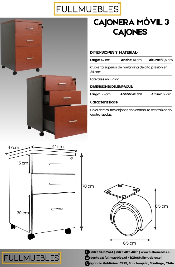 Cajonera móvil con Kardex - 2 cajones y 1 Kardex - Cierre centralizado - medidas 70x41x47 - Color Cerezo - Cubierta de 25 mm