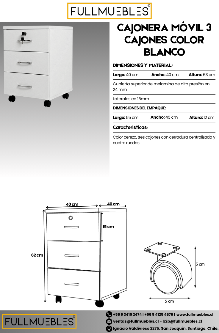 Cajonera móvil - 3 cajones - primer cajón con llave - medidas 62x40x40 - color Blanco - cubierta de 24 mm
