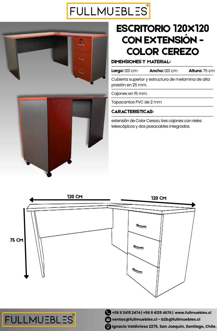 Escritorio en L Modular - 120x120x75 - 3 Cajones - Primer Cajón con llave - Color Cerezo y Gris Oscuro