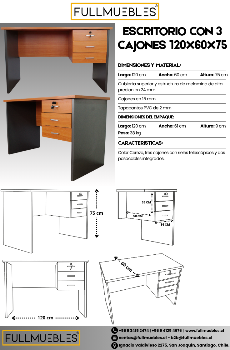 Escritorio 3 cajones - Primer cajón con llave - Medidas 120x60x75 - Color Peral y Gris oscuro - Cubierta de 25 mm - Incluye dos pasacables