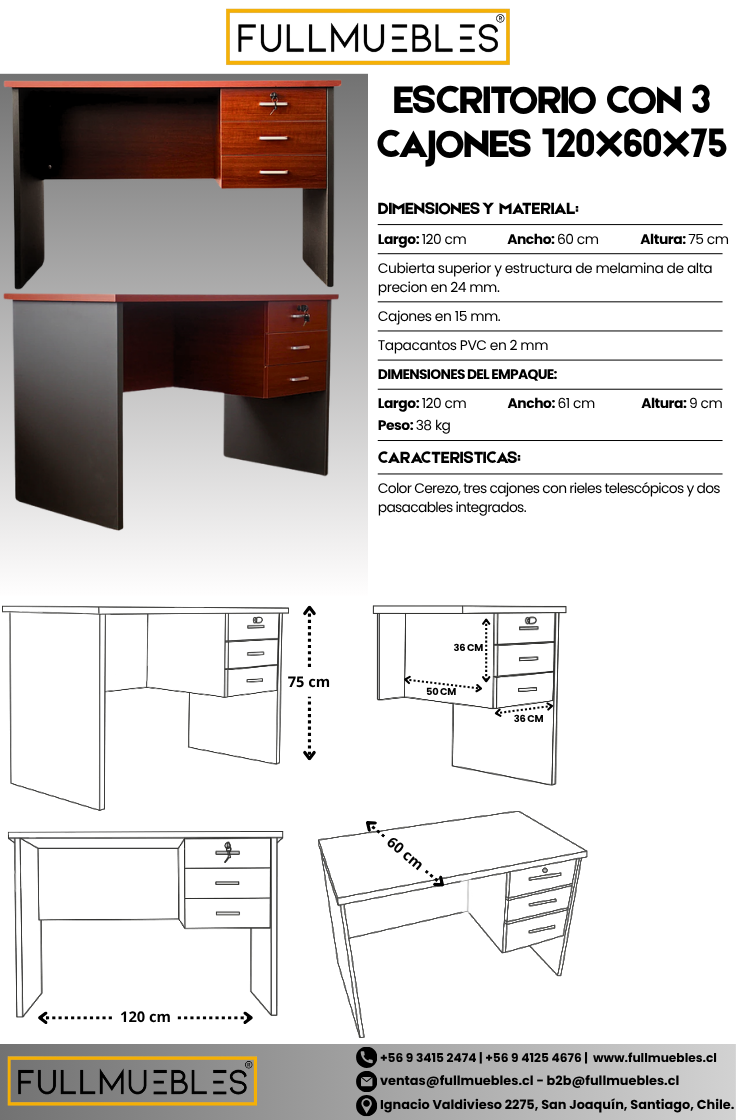 Escritorio 3 cajones - Primer cajón con llave - Medidas 120x60x75 - Color Cerezo y Gris oscuro - Cubierta de 24 mm - Incluye dos pasacables