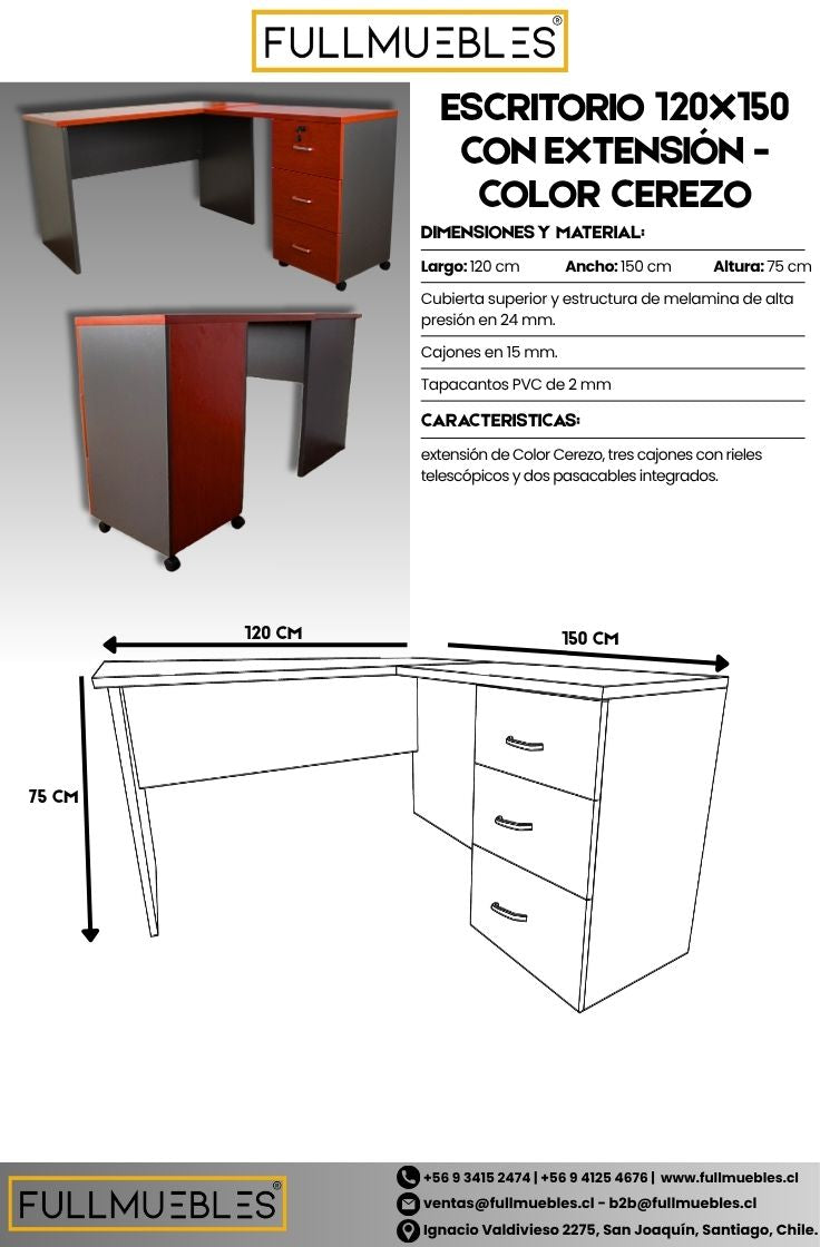 Escritorio 120x150 Con Extensión - Color Cerezo