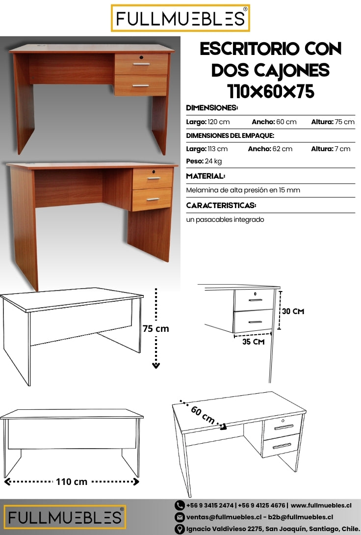 Escritorio con Dos Cajones en Melamina Peral - 110x60x75 cm