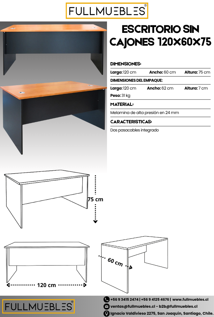 Escritorio sin Cajones - Medidas 120x60x75 - Color Peral y Gris oscuro - Cubierta de 24 mm - Incluye dos pasacables