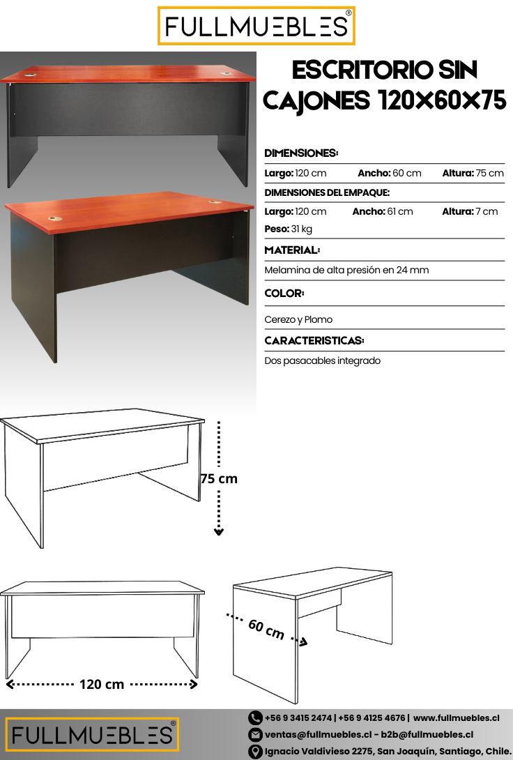 Escritorio sin Cajones - Medidas 120x60x75 - Cerezo Peral y Gris oscuro - Cubierta de 24 mm - Incluye dos pasacables