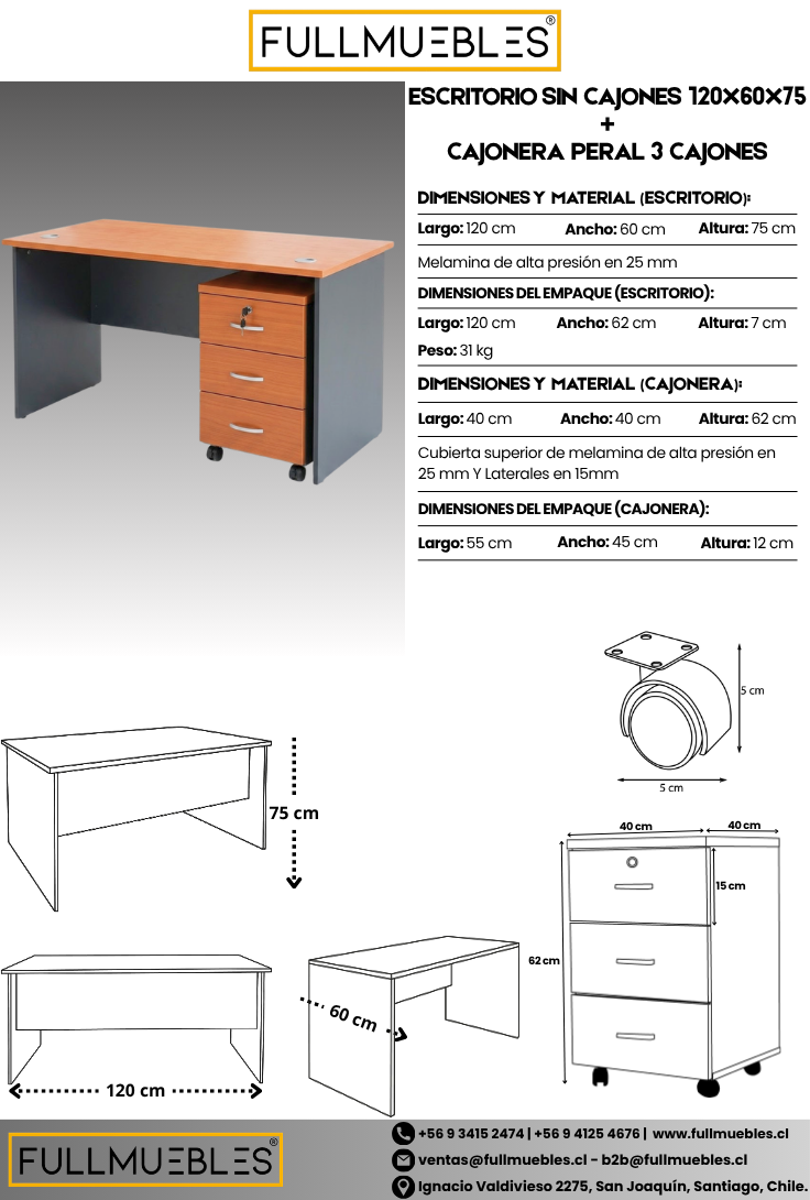 Pack Escritorio 120 cm + Cajonera de 3 Cajones Color Peral
