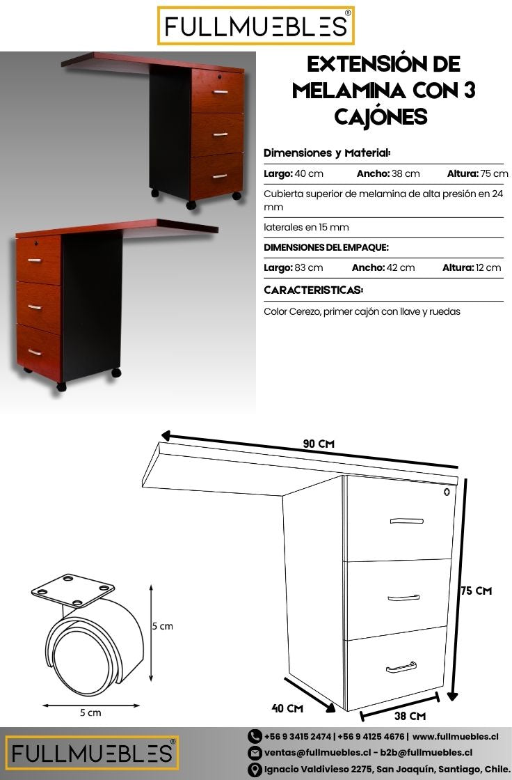 Extensión de Escritorio con 3 Cajones y Cerradura - Color Cerezo Cubierta superior Melamina 24mm -Importado-
