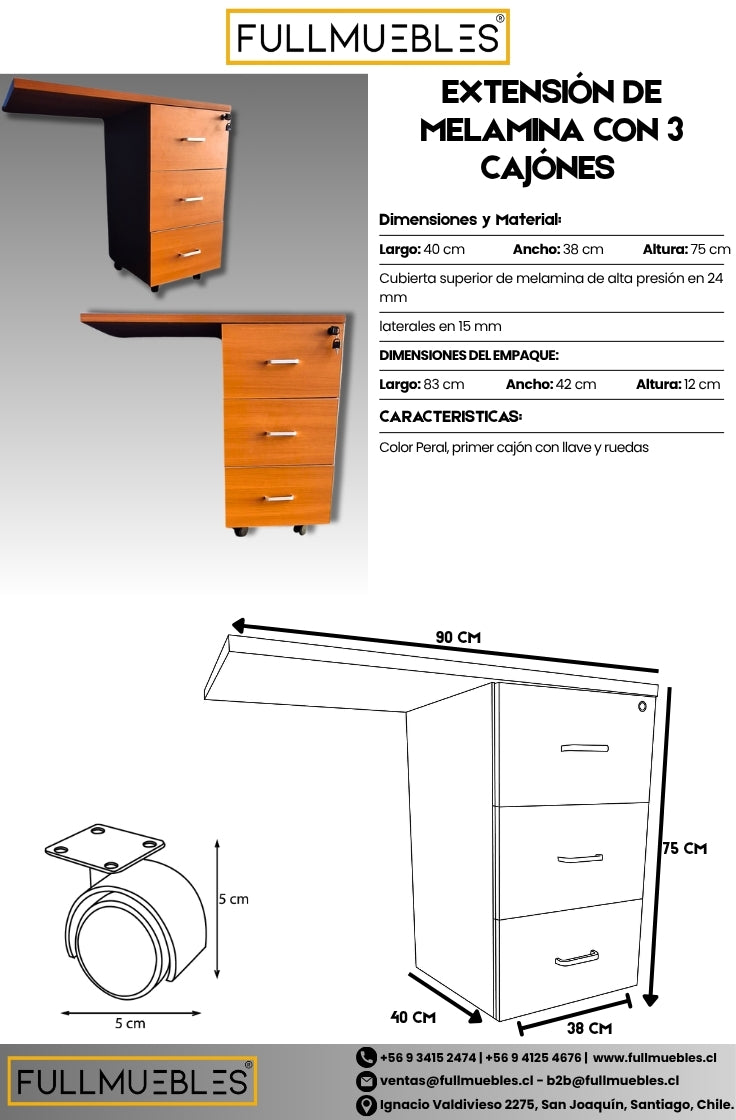 Extensión de Escritorio con 3 Cajones y Cerradura - Color Peral -Importado-