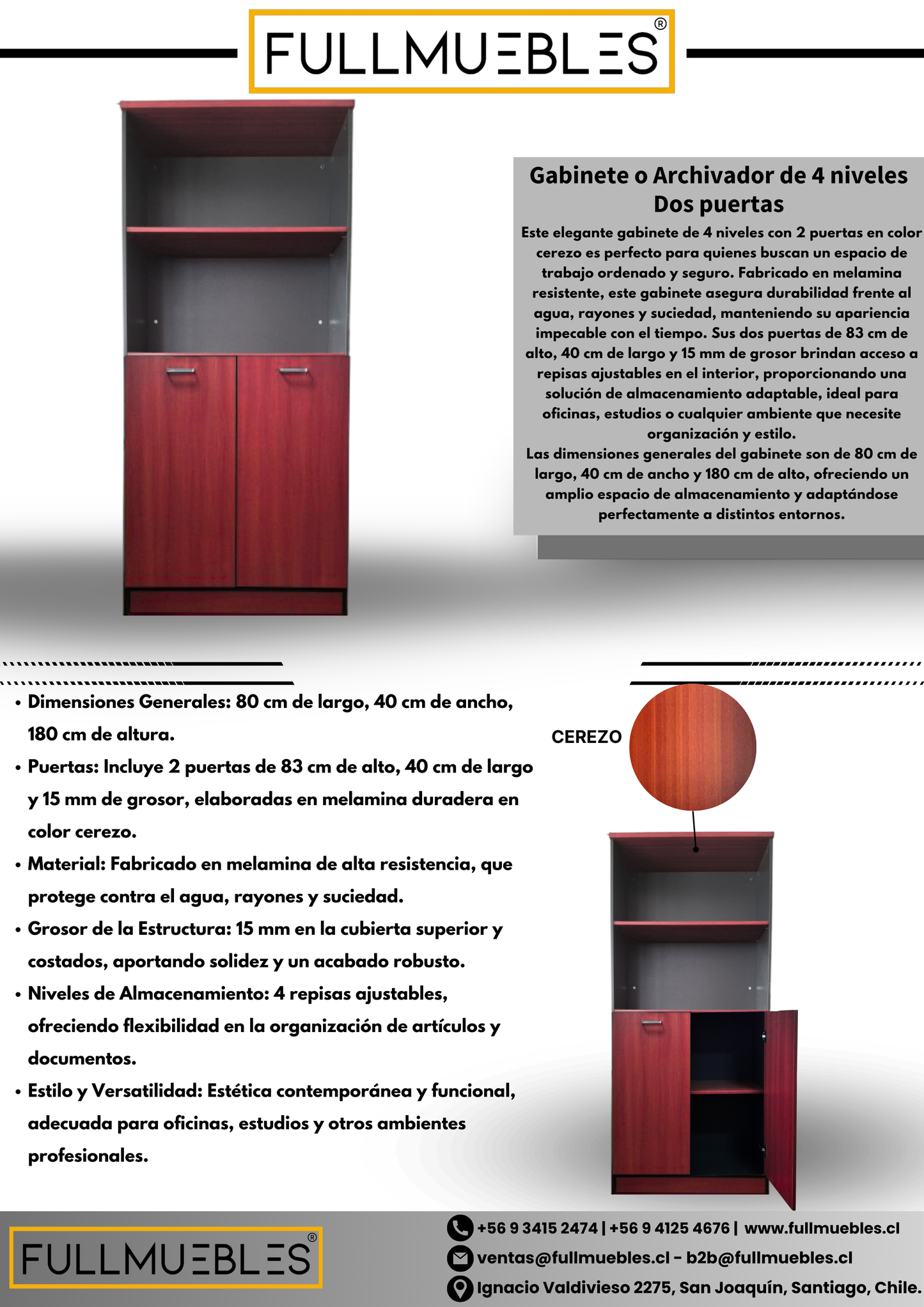Gabinete de 4 Niveles con 2 Puertas - Color Cerezo