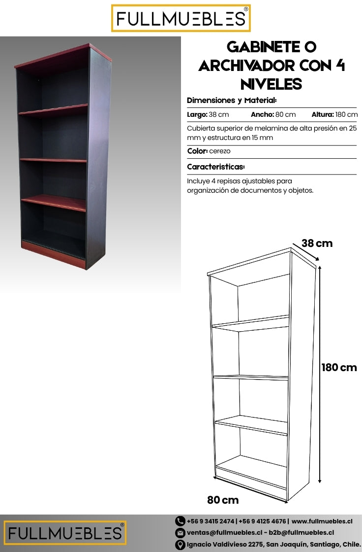 Gabinete o Archivador con 4 Niveles - Color Cerezo