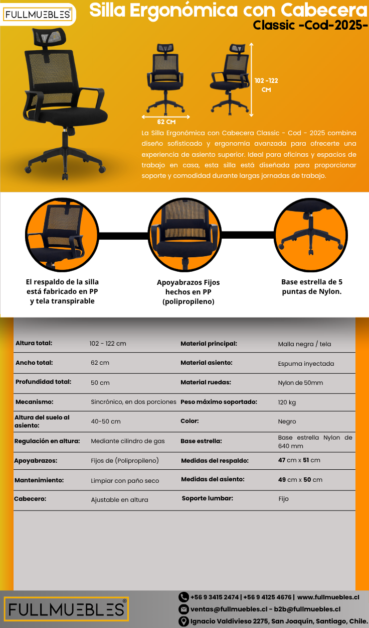 Silla Ergonómica con Cabecera Classic -Cod-2025-