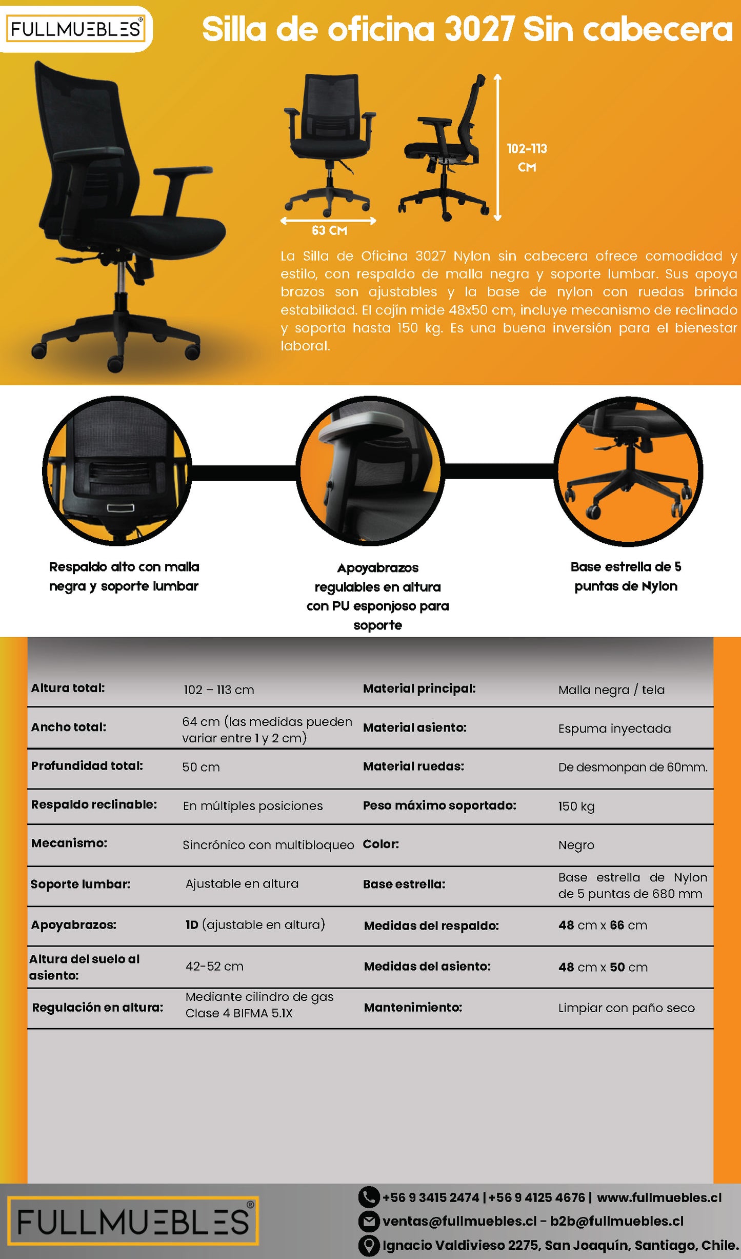 Silla Ergonómica Ergo Plus Nylon Sin Cabecera -Cod-3027B-