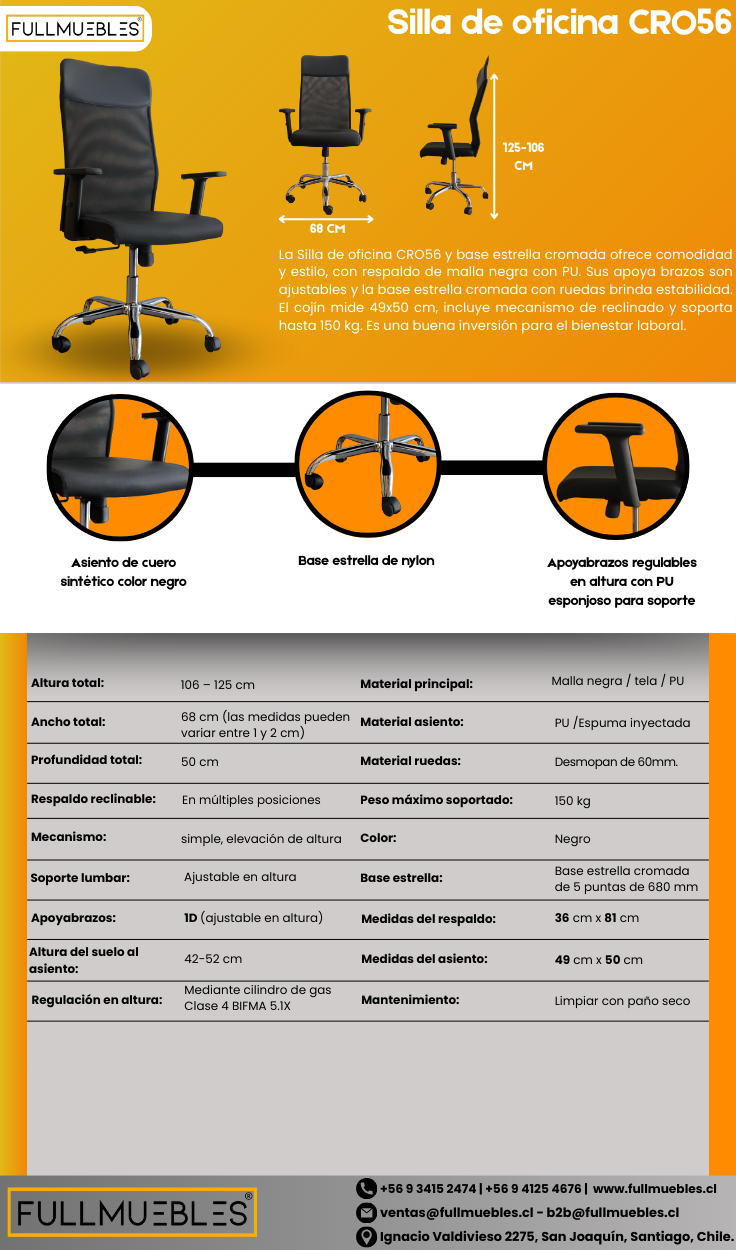 Silla Ergonómica CRO56 – Respaldo malla con PU – Brazos 1D – Base cromada – Altura regulable