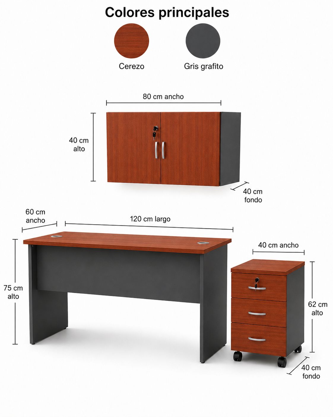 Set Oficina 3 Piezas Escritorio 120 cm + Cajonera + Gabinete Aéreo Color Cerezo