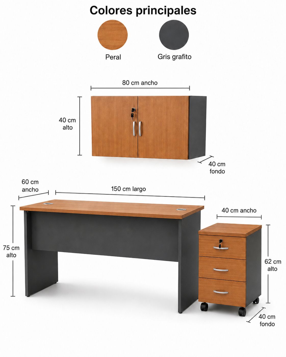 Set Oficina 3 Piezas Escritorio 150 cm + Cajonera + Gabinete Aéreo Color Peral