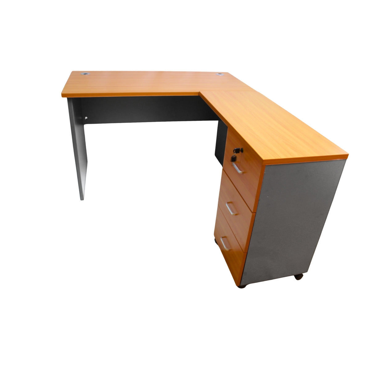 Escritorio en L Modular - 150x120x75 - 3 Cajones - Primer Cajón con llave - Color Peral y Gris Oscuro