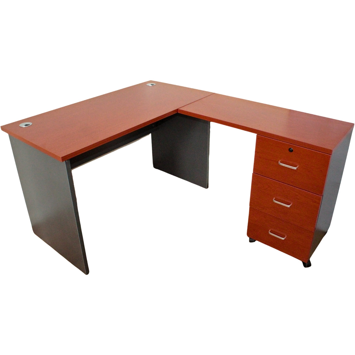 Escritorio en L Modular - 150x150x75 - 3 Cajones - Primer Cajón con llave - Color Cerezo y Gris Oscuro