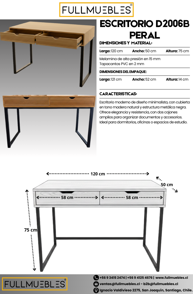 Escritorio con 2 cajones horizontales - 120x50x75 - Color Natural - Estructura de metal negro