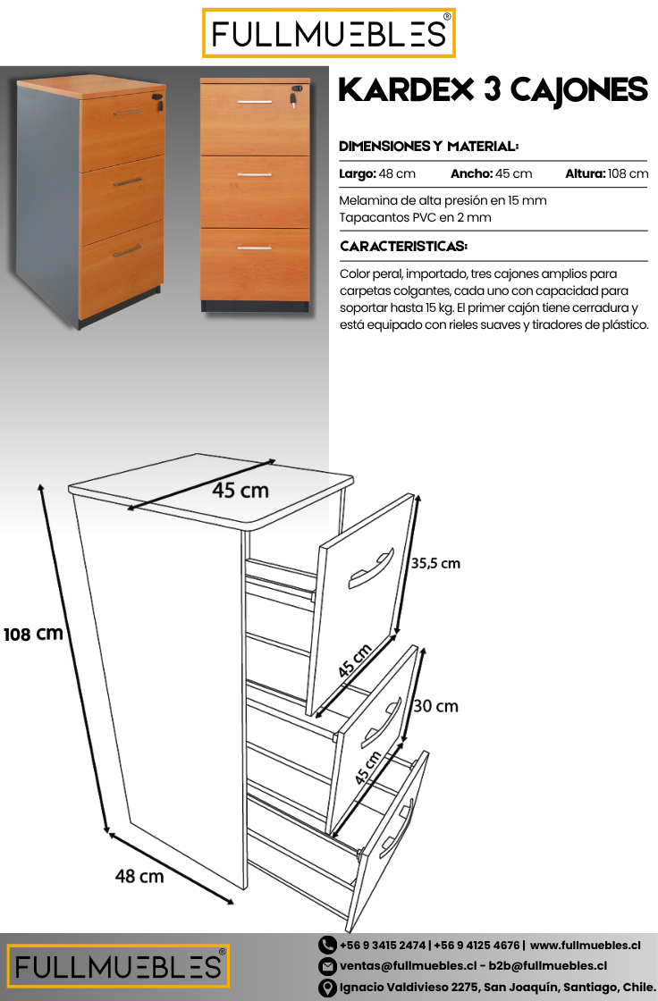 Kardex de 3 Cajones Primer Cajón Con Llave Color Peral