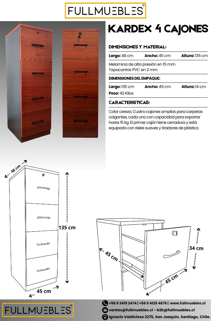 Kardex Con 4 Cajones Primer Cajón Con Llave Color Cerezo -Importado-