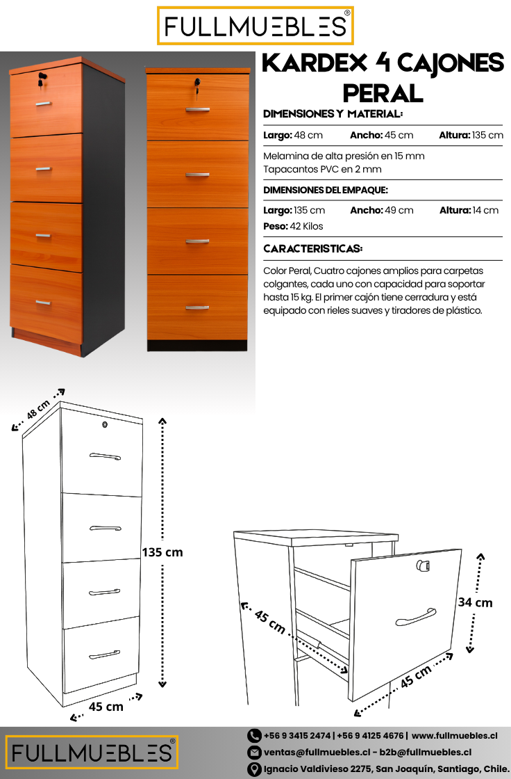 Kardex Con 4 Cajones Primer Cajón Con Llave Color Peral -Importado-