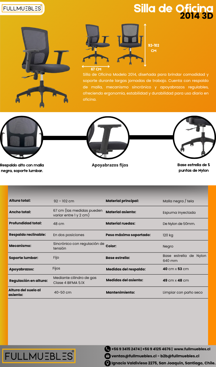 Silla 2014 - Ergonómica - Brazos 1D Ajustables - Base Nylon - Altura Regulable