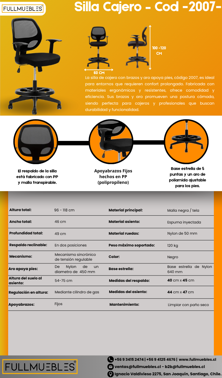 Silla Cajero 2007 - Brazos Fijos - Tela de Malla - Aro de Nylon Ajustable - Base Nylon - Altura Regulable