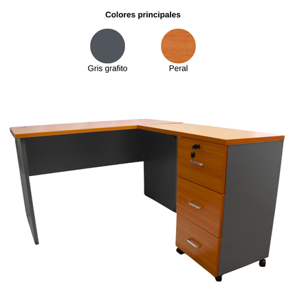Escritorio en L Modular - 120x150x75 - 3 Cajones - Primer Cajón con llave - Color Peral y Gris Oscuro
