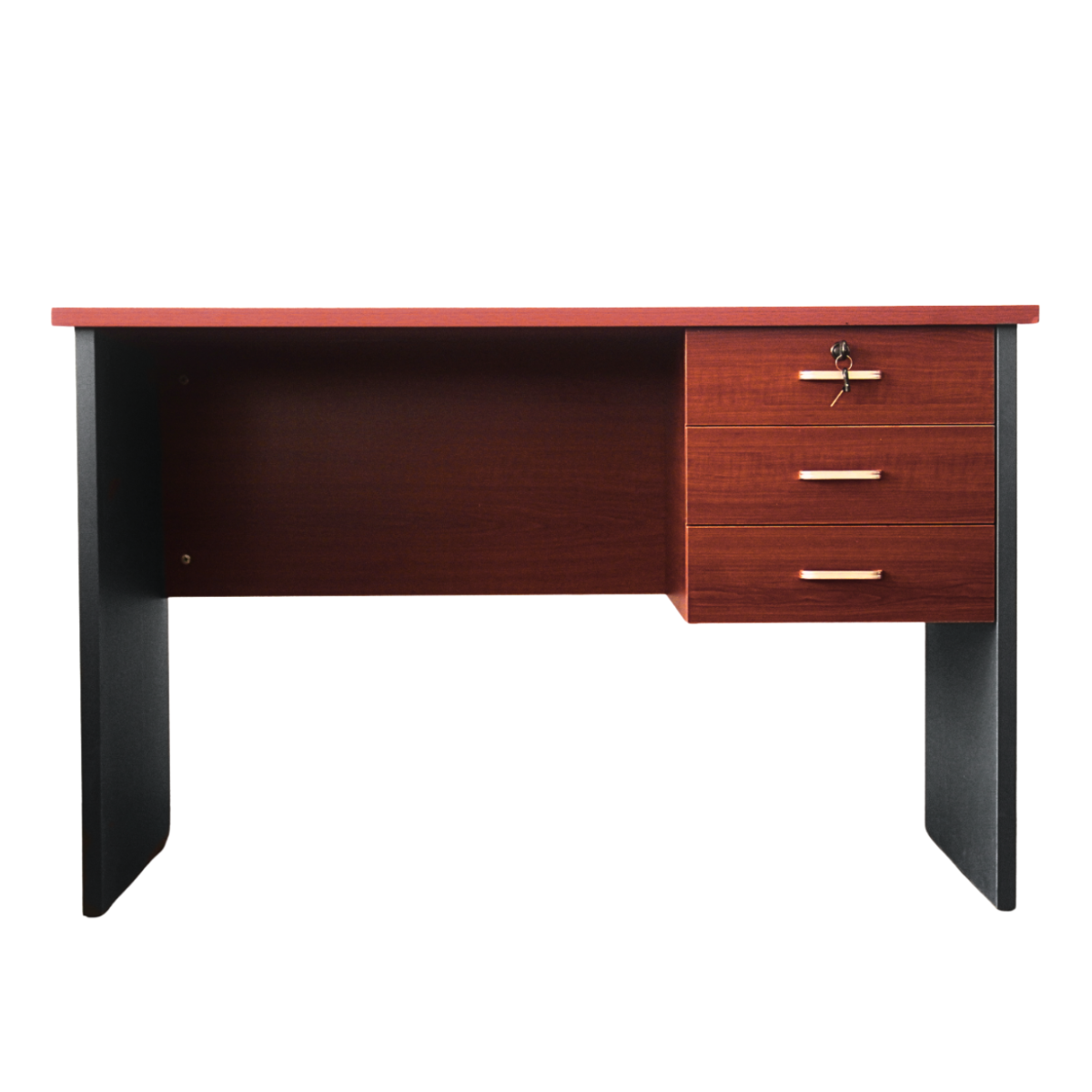 Escritorio 3 cajones - Primer cajón con llave - Medidas 120x60x75 - Color Cerezo y Gris oscuro - Cubierta de 24 mm - Incluye dos pasacables
