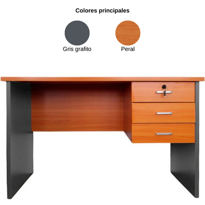 Escritorio 3 cajones - Primer cajón con llave - Medidas 120x60x75 - Color Peral y Gris oscuro - Cubierta de 25 mm - Incluye dos pasacables
