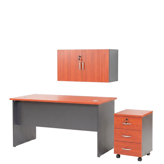 Set Oficina 3 Piezas Escritorio 120 cm + Cajonera + Gabinete Aéreo Color Cerezo