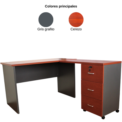 Escritorio en L Modular - 120x120x75 - 3 Cajones - Primer Cajón con llave - Color Cerezo y Gris Oscuro