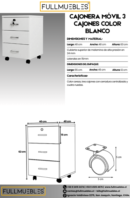 Cajonera móvil - 3 cajones - primer cajón con llave - medidas 62x40x40 - color Blanco - cubierta de 24 mm