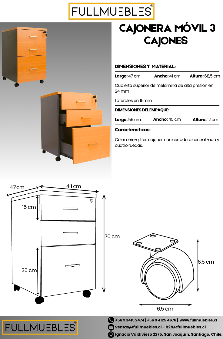 Cajonera móvil con Kardex - 2 cajones y 1 Kardex - Cierre centralizado - medidas 70x41x47 - Color Peral - Cubierta de 25 mm