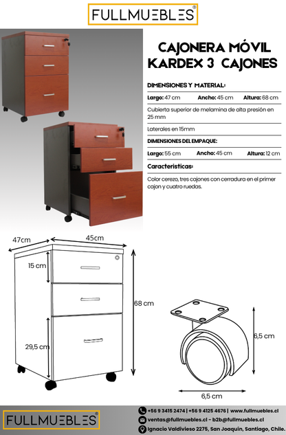 Cajonera móvil con Kardex - 2 cajones y 1 Kardex - Cierre centralizado - medidas 68x45x47 - Color Cerezo - Cubierta de 25 mm