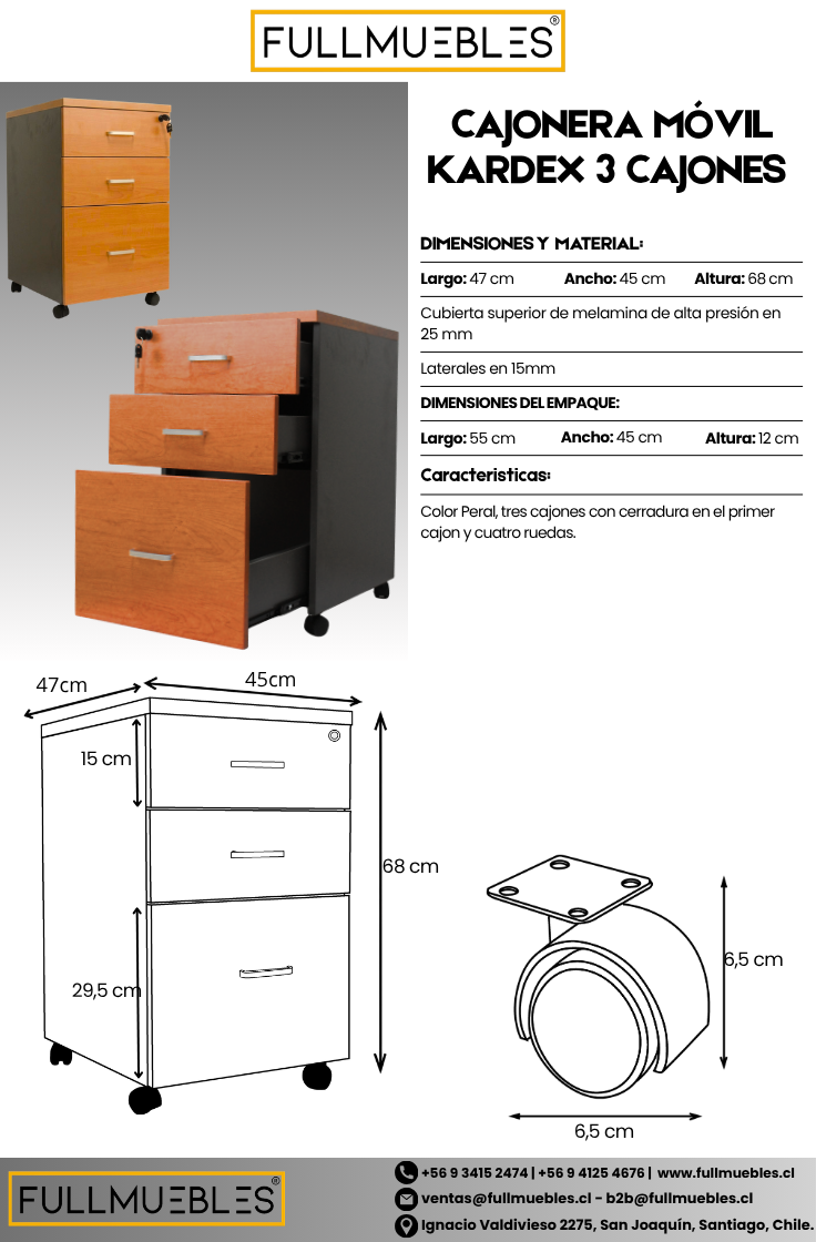 Cajonera móvil con Kardex - 2 cajones y 1 Kardex - Cierre centralizado - medidas 68x45x47 - Color Peral - Cubierta de 25 mm