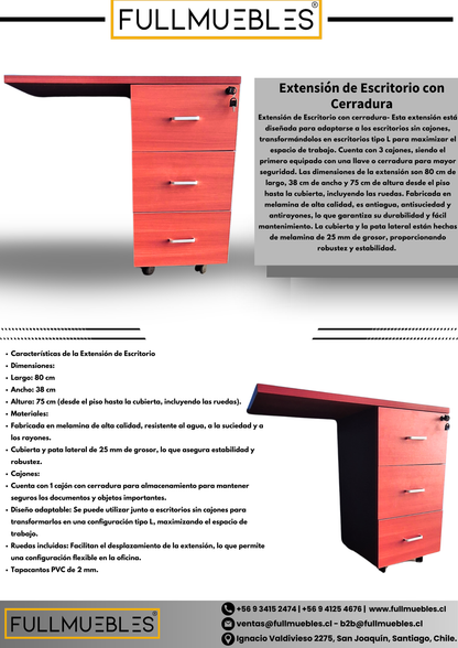 Extensión de Escritorio con 3 Cajones y Cerradura - Color Cerezo