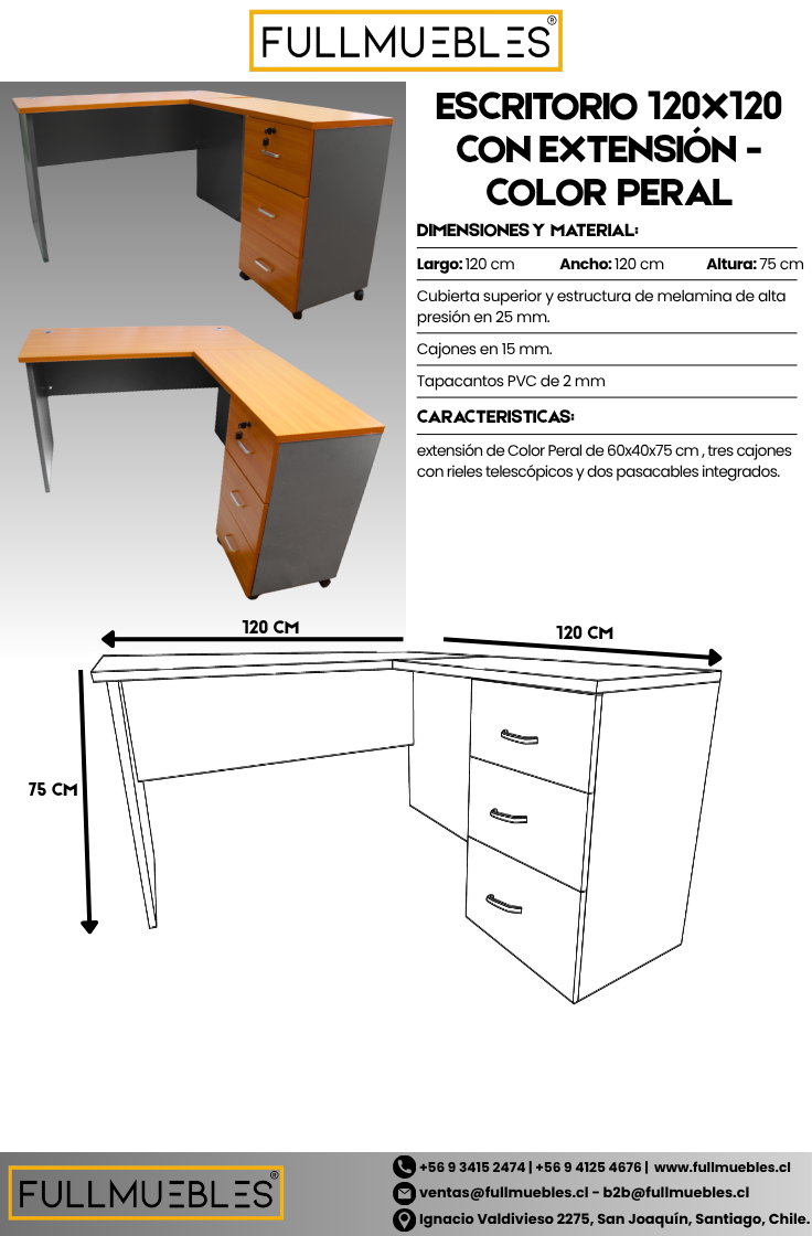 Escritorio en L Modular - 120x120x75 - 3 Cajones - Primer Cajón con llave - Color Peral y Gris Oscuro