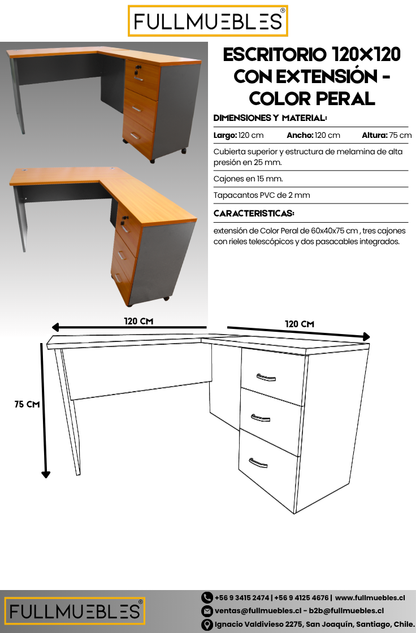 Escritorio en L Modular - 120x120x75 - 3 Cajones - Primer Cajón con llave - Color Peral y Gris Oscuro