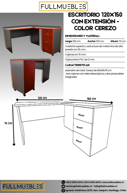 Escritorio en L Modular - 120x150x75 - 3 Cajones - Primer Cajón con llave - Color Cerezo y Gris Oscuro