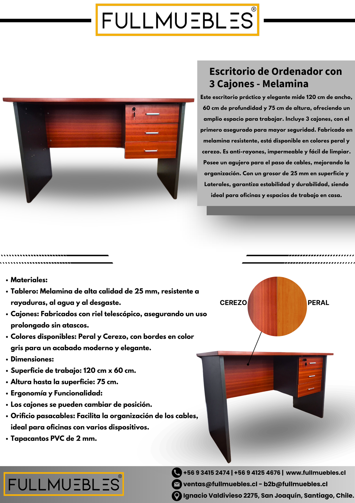 Escritorio con 3 Cajones - 120x60 cm