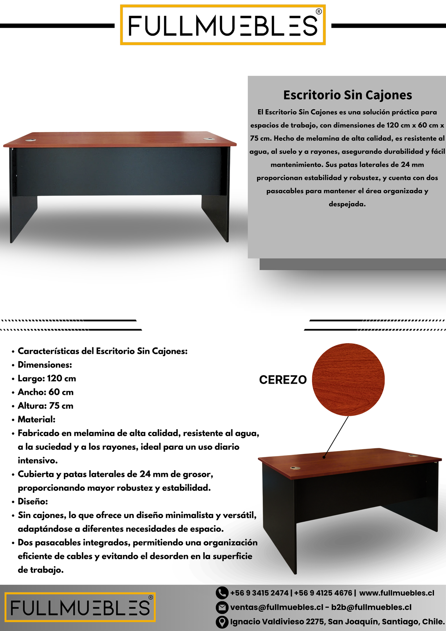 Escritorio Sin Cajones 120x60 - Color Cerezo