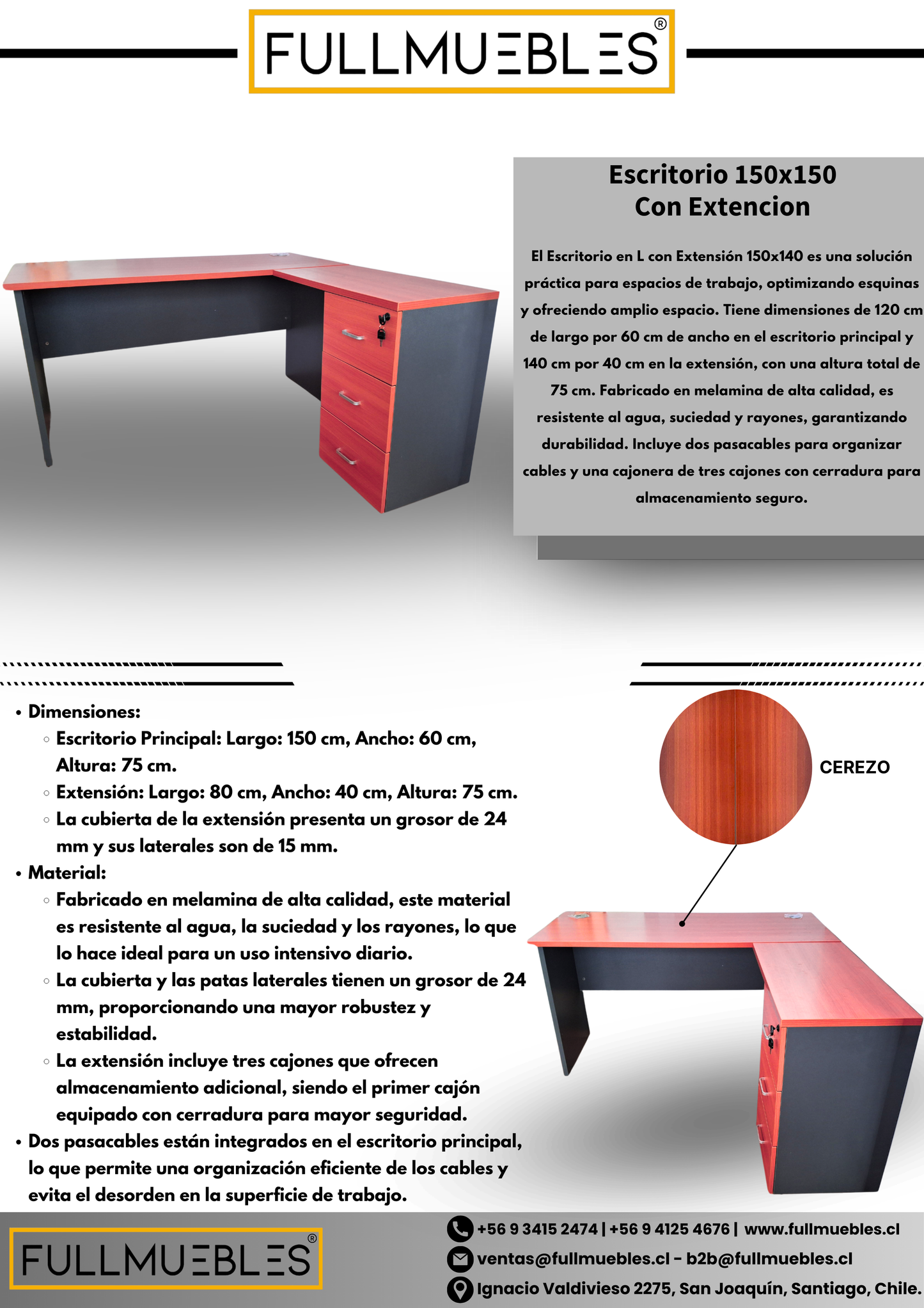 Escritorio 150x140 Con Extensión - Color Cerezo