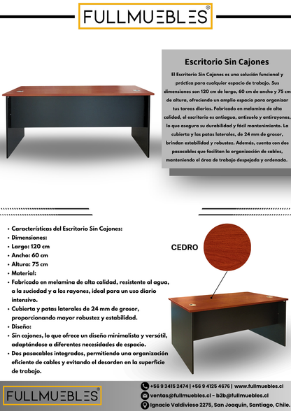 Escritorio Sin Cajones 120x60 cm + Cajonera 3 cajones Color cedro
