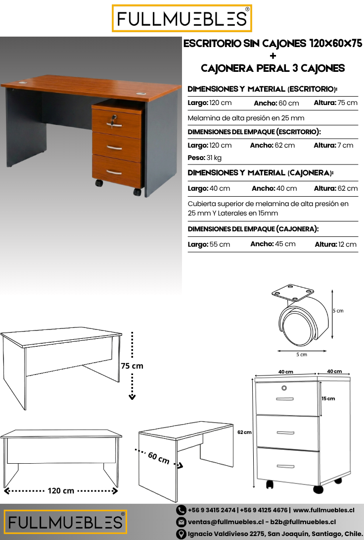 Pack Escritorio 120 cm + Cajonera de 3 Cajones Color Cerezo