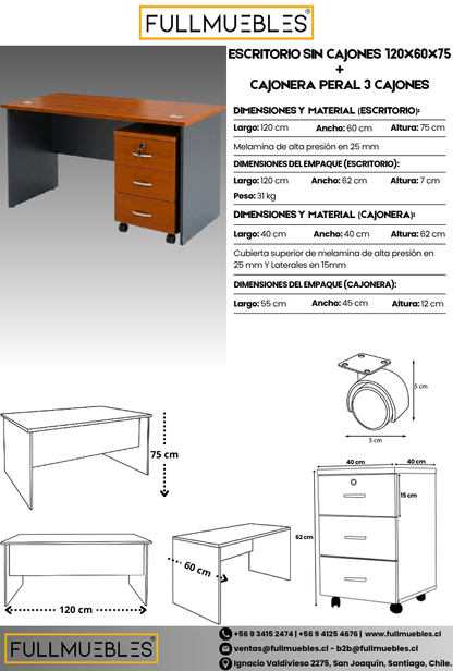 Pack Escritorio 120 cm + Cajonera de 3 Cajones Color Cerezo