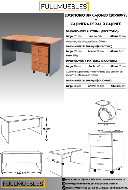 Pack Escritorio 120 cm + Cajonera de 3 Cajones Color Peral