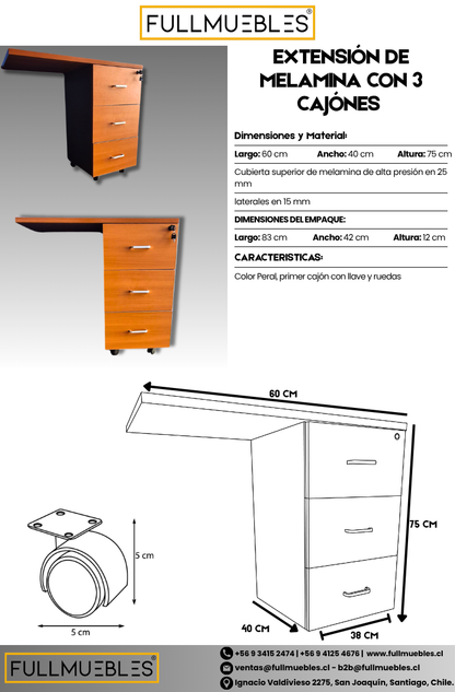 Extensión móvil - 3 cajones - primer cajón con llave - medidas 60x40x75 - color Peral - cubierta de 25 mm